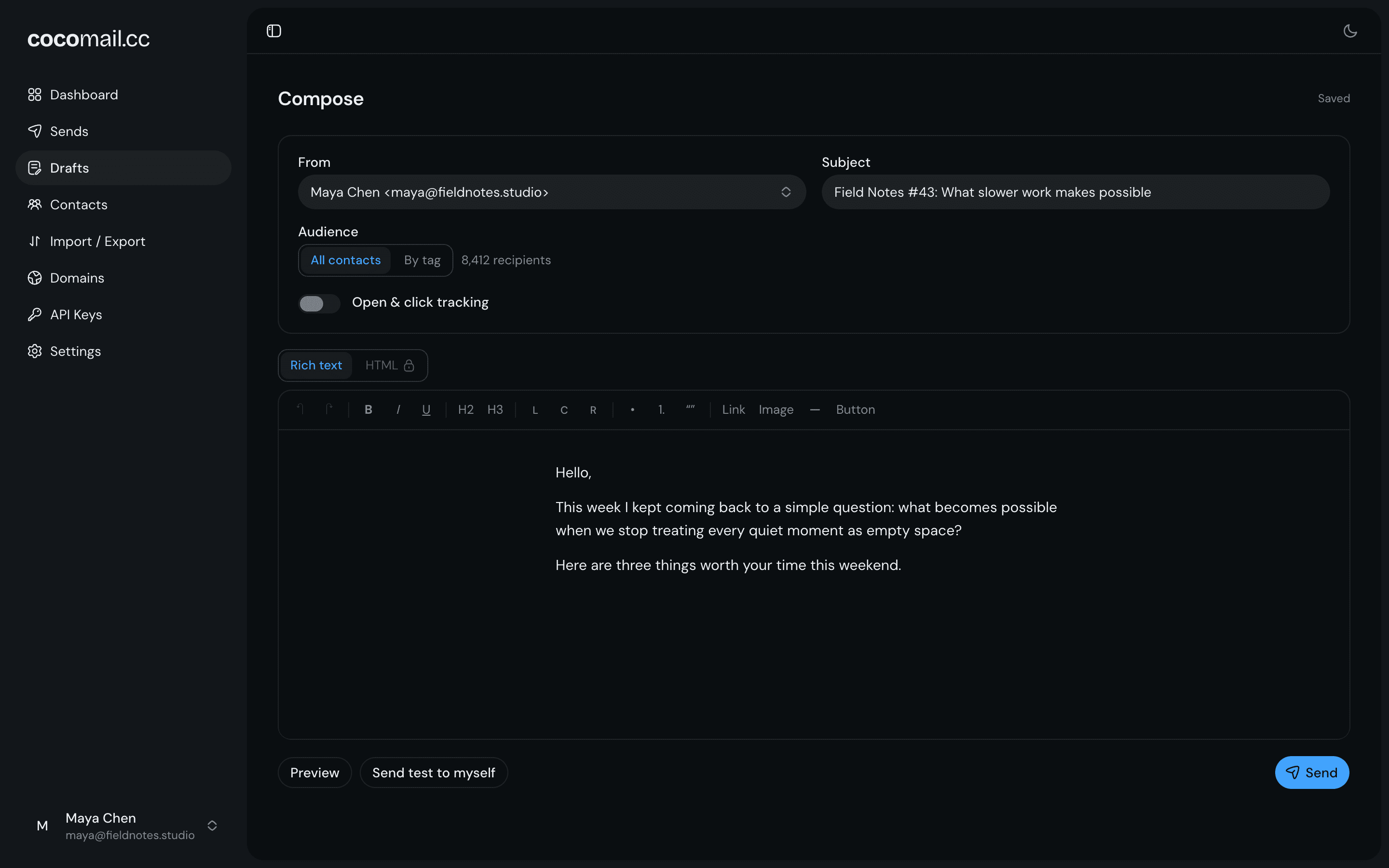 The Cocomail compose screen in dark mode