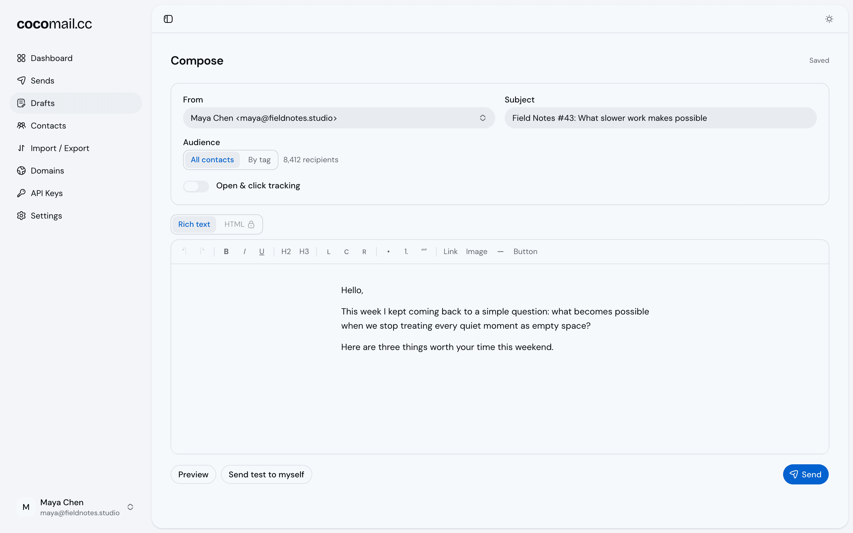 The Cocomail compose screen: a draft with from, subject, audience, and a rich text editor